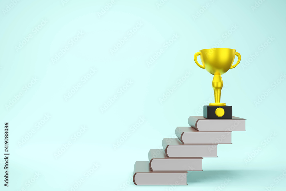3D render of Steps with books to the goal or the trophy, 3D illustration. 3D render of Steps with books to the goal or the trophy, 3D illustration.