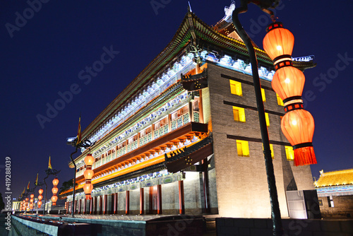 traditional chinese building with lantern at night in city XiAn