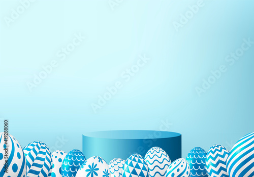 Easter eggs podium with 3d render vector in blue scene background. Easter day with geometry platform for product display. stand to show cosmetic products.  Stage showcase on pedestal display studio