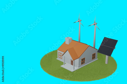 3D render of The house uses solar energy and wind energy on a blue background. green energy concept, 3D illustration.