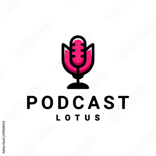 Dual Meaning Logo Design Combination of microphone and lotus flower podcast