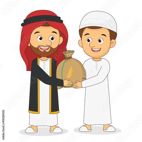 A muslim arabic man giving alms or zakat to needy man on eid mubarak day