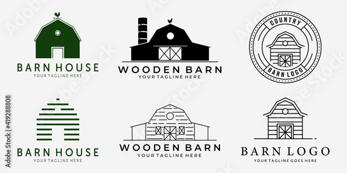 Set Bundle of Barn Vintage Line Art Vector Logo, Illustration Design of Barn Cabin Cottage Hut Garage Concept