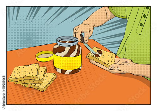 Man spreading chocolate paste on bread over table - comic book style, cartoon vector illustration.