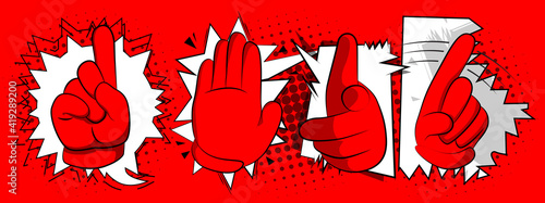 Red cartoon hand in gloves making signs. Vector illustration on a red background. Cute versions of negative finger symbols.