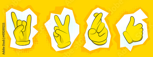 Cartoon hand in gloves making signs. Vector illustration on a yellow background. Cute versions of finger symbols.