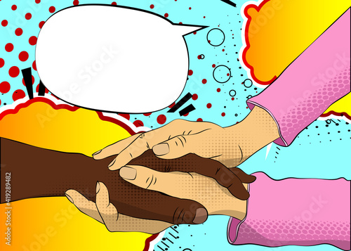 Close up of a Caucasian woman holding a black male hand. Showing candid feelings like love, trust, appreciation or saying sorry in a mixed race relationship. Comic book style, vector illustration.