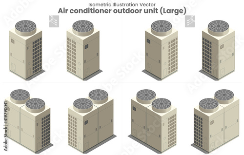 Isometric vector flat design of large air conditioner for systems or condensing unit as various type view of upper blow fan installation outside building of residential or manufacturing