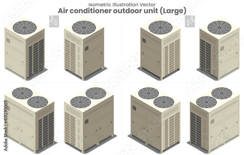 Isometric vector flat design of large air conditioner for systems or condensing unit as various type view of upper blow fan installation outside building of residential or manufacturing