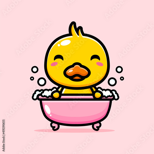 cute and happy duck animal cartoon character design is taking a bath in the bath