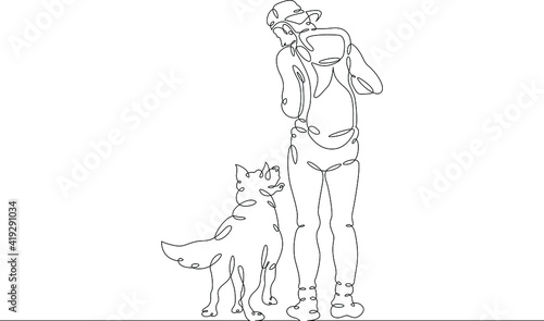 A man walking his dog. Owner with his pet. Dog breeding and dog training. One continuous drawing line  logo single hand drawn art doodle isolated minimal illustration.