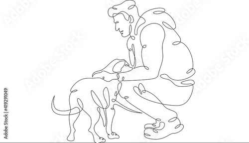A man walking his dog. Owner with his pet. Dog breeding and dog training. One continuous drawing line logo single hand drawn art doodle isolated minimal illustration.
