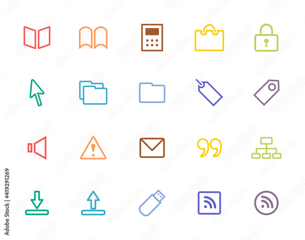 ビジネスイメージのアイコンセット 線画で描かれたカラフルでシンプルなアイコン 本 電卓 鍵 フォルダ メール Usbなどのポップな色合いのイラスト Stock Vector Adobe Stock