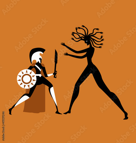 orange and black pottery painting of perseus fighting the medusa