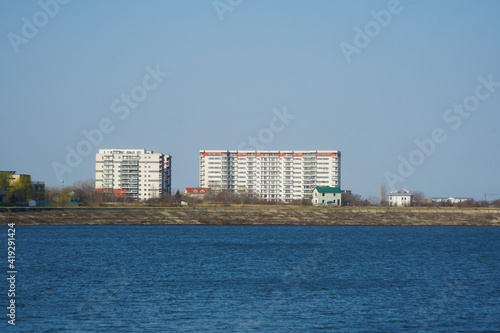 Lake Morii with blocks in the background, Bucharest, Romania.