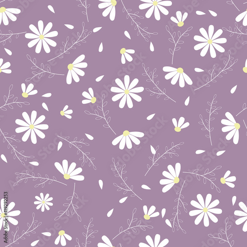 Floral seamless pattern. White chamomile or daisy on a lilac background. Endless patterns for textiles and fabrics, wrapping paper, packaging. Vector image. Flat style