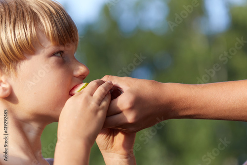 Little boy kid eating watermelon closeup side view. Male child with european face appearance biting red juicy melon in mother or sister hand. Natural summer scene background with blurred effect
