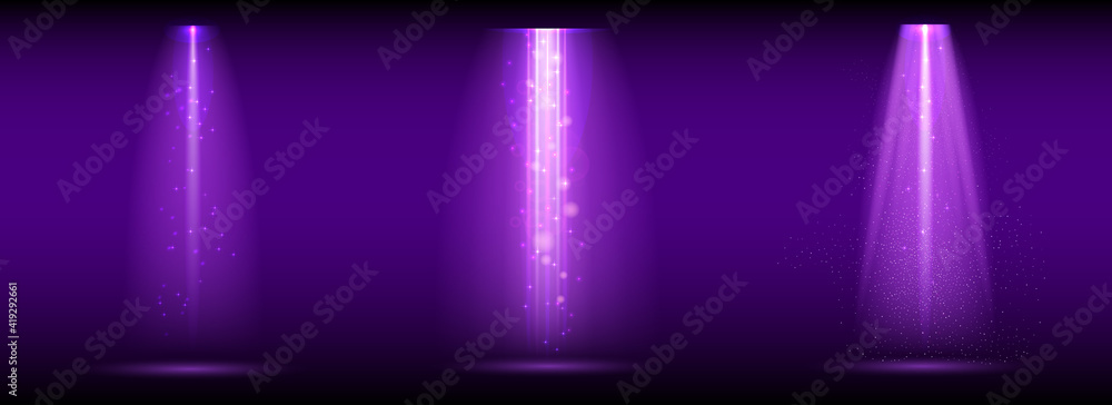 Fototapeta premium Purple spotlight. Set of bright lighting with spotlights of the stage with purple ducst on transparent background.