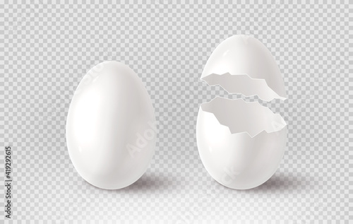 White cracked egg isolated on checkered background. Realistic egg shells. Vector illustration with 3d decorative object for Easter design.