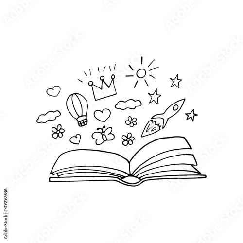children book day template card, poster, flyer, banner. open book, rocket, balloon, crown, heart, sun, stars. fantasy, fairy tale imagination. sketch hand drawn doodle. vector, minimalism monochrome