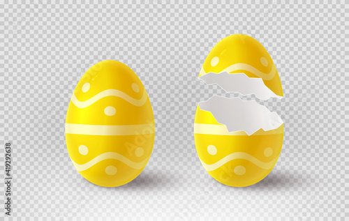 Yellow cracked egg isolated on checkered background. Realistic egg shells. Vector illustration with 3d decorative object for Easter design.