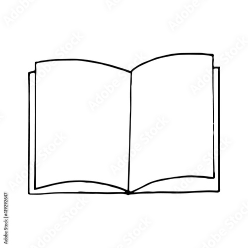 book open with blank page icon. sketch hand drawn doodle style. vector, minimalism, monochrome. library, learning, reading, copy space, place for text.