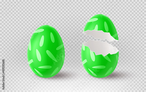 Green cracked egg isolated on checkered background. Realistic egg shells. Vector illustration with 3d decorative object for Easter design.