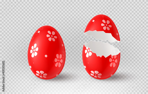 Red cracked egg isolated on checkered background. Realistic egg shells. Vector illustration with 3d decorative object for Easter design.