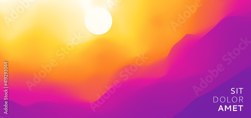 Landscape with mountains and sun. Sunrise. Mountainous terrain. Abstract background. Vector illustration.