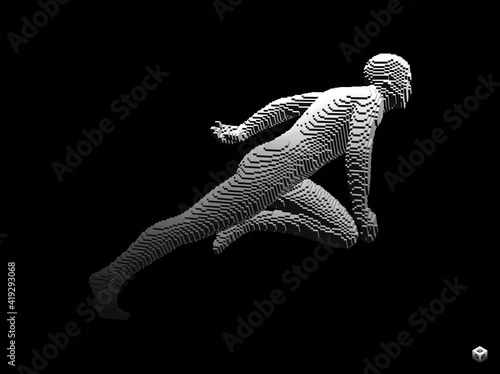 Running man constructing from cubes. Marathon runner. Human body model. Design for sport. Voxel art. 3D vector illustration.