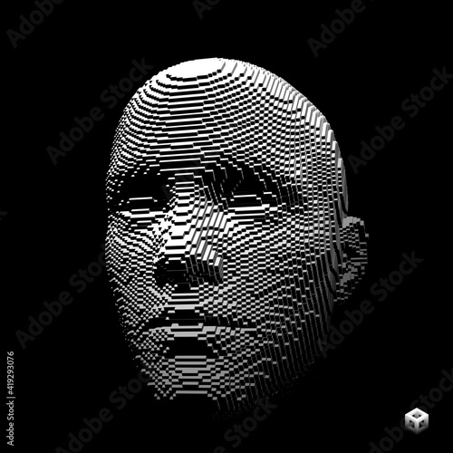 Abstract digital human head constructing from cubes. Minimalistic design for business presentations, flyers or posters. Technology and robotics concept. Voxel art. 3D vector illustration.