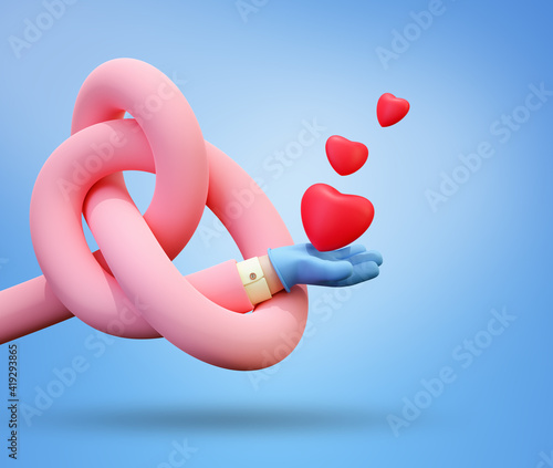 Cartoon Character hand knotted holding a red heart  in a rubber medical gloves ,  isolated on blue background. Valentine's Day. 3D Render. Elements for design © Alkestida