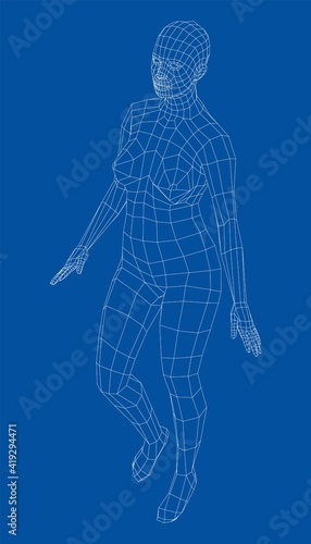Wireframe walking woman. Vector