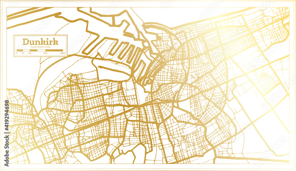 Dunkirk France City Map in Retro Style in Golden Color. Outline Map.