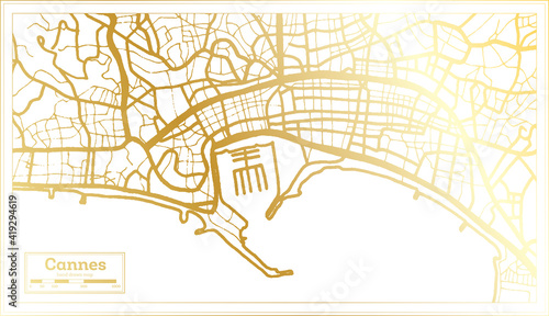 Cannes France City Map in Retro Style in Golden Color. Outline Map.