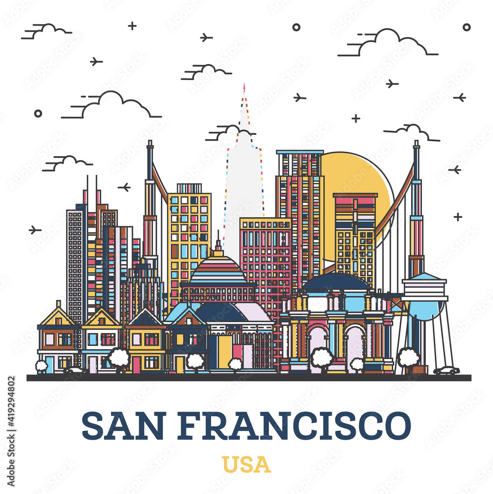 Fototapeta premium Outline San Francisco California City Skyline with Colored Modern Buildings Isolated on White.