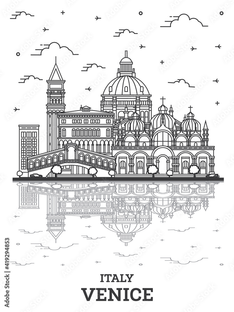 Outline Venice Italy City Skyline with Historic Buildings and Reflections Isolated on White.