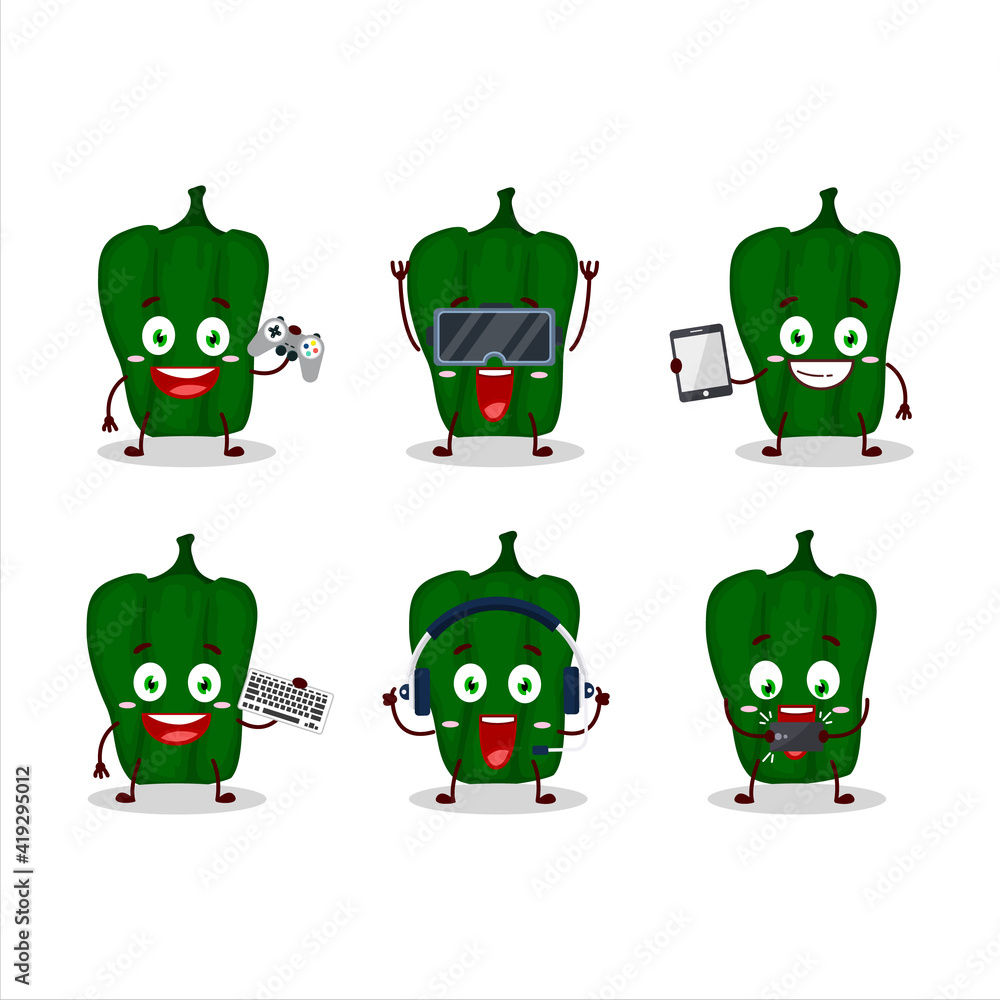 New poblano cartoon character are playing games with various cute emoticons New poblano cartoon character are playing games with various cute emoticons
