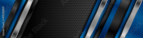 Black and blue metal stripes on dark perforated background. Vector hi-tech geometric design