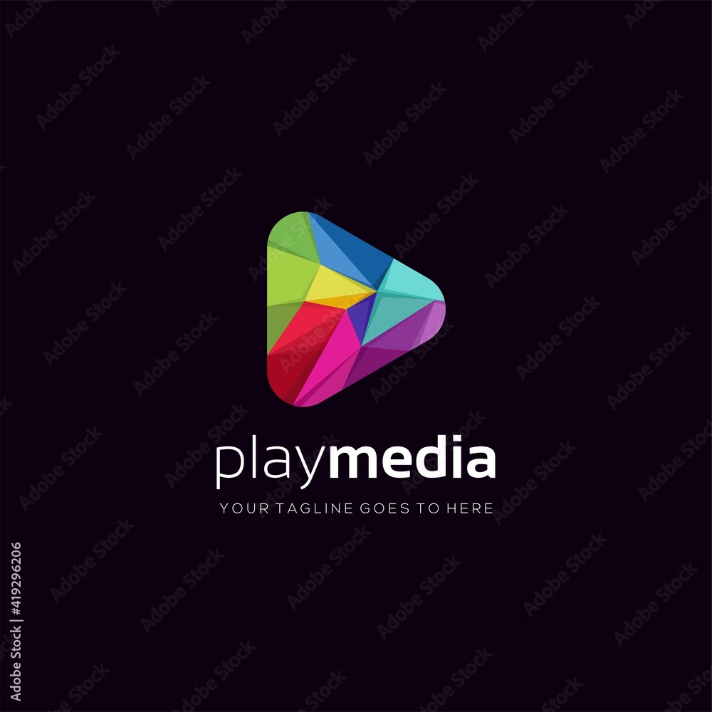 abstract play button media logo design, geometric play button colorful