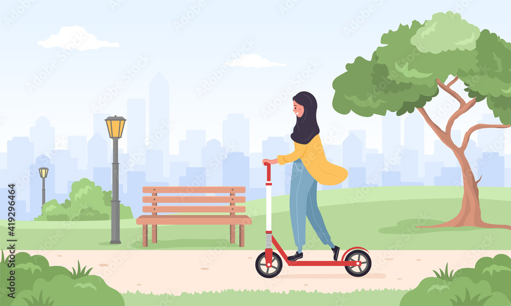 Arab woman in hijab riding kick scooter around city. Spring or summer landscape. Happy young girl at park. Sports and leisure outdoor activity. Eco transport. Vector illustration in flat cartoon style