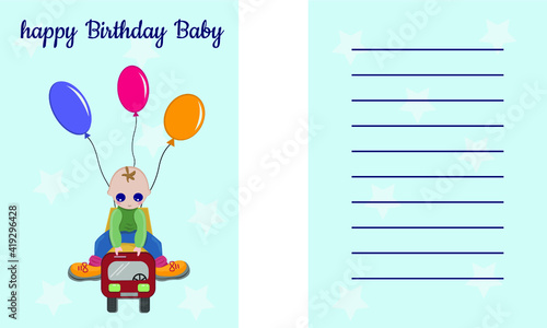 postcard happy Birthday Baby with balloons on a blue background