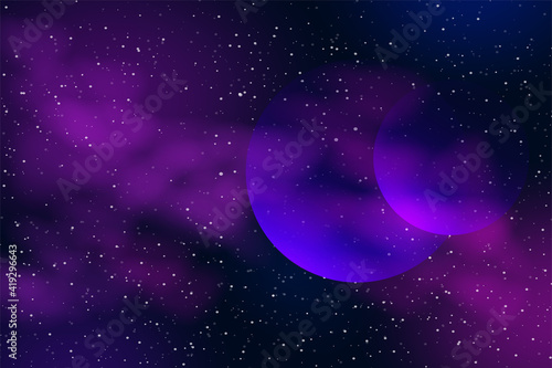 Horizontal space background with realistic nebula, stardust and planets. Night sky. Web design. Infinite universe. Vector illustration of galaxy. Concept of web banner.