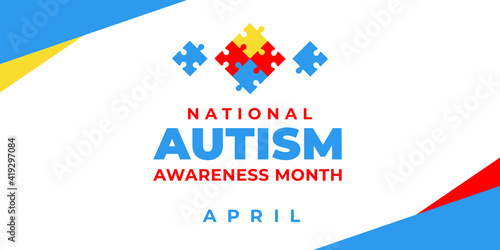 National autism awareness month. Vector banner, poster, flyer, greeting card for social media with the text National autism awareness month April. Illustration with Puzzles on white background.