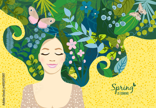 Beautiful floral background. Summer and spring concept with girl in dream, hair of leaves, colorful flower, butterflies. For women's day on march 8, cover social network, wedding. Vector illustration.