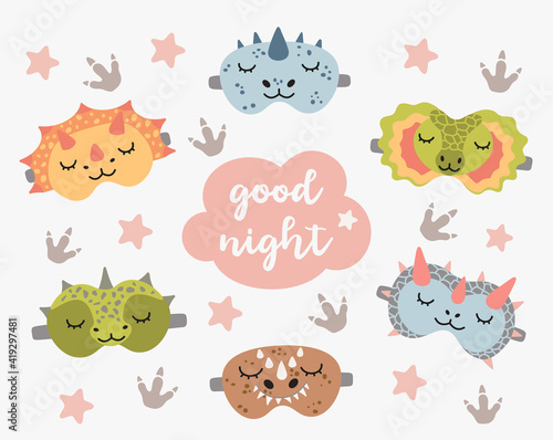 Dino sleep mask set. Cute dinosaur eye mask, vector illustration.