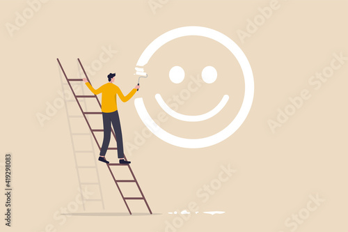 Happiness and positive thinking, optimism or motivation to live happy life concept, happy boy climb up ladder to paint smile face on the wall.