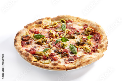 Seafood pizza with mussels and shrimps. Gourmet italian pizza isolated on white background.