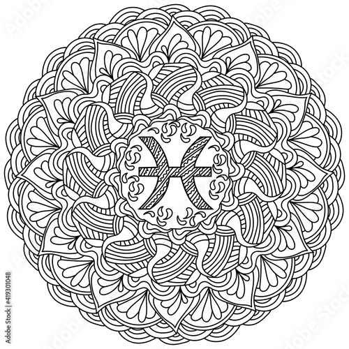 Contour mandala zodiac sign Pisces, zen coloring page with linear curly patterns for creativity