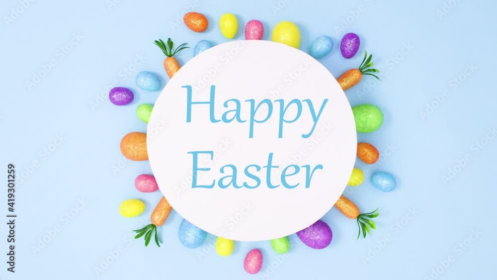 Happy Easter text write on paper surrounded with vibrant Easter eggs. Stop motion Happy Easter text write on paper surrounded with vibrant Easter eggs. Stop motion